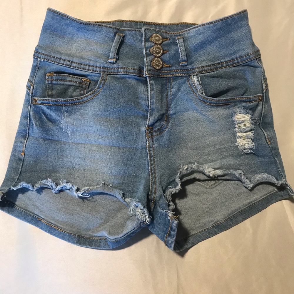 Distressed light wash high waisted shorts